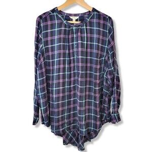 Lucky Brand Henley Popover Rayon Tunic top Plus 2XL Green Plaid Blue Black Prep